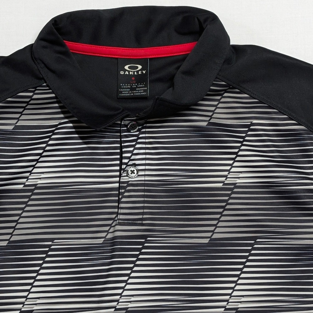 Oakley Men's Golf Polo Shirt Black Gray Geometric Stripe Regular Fit Large